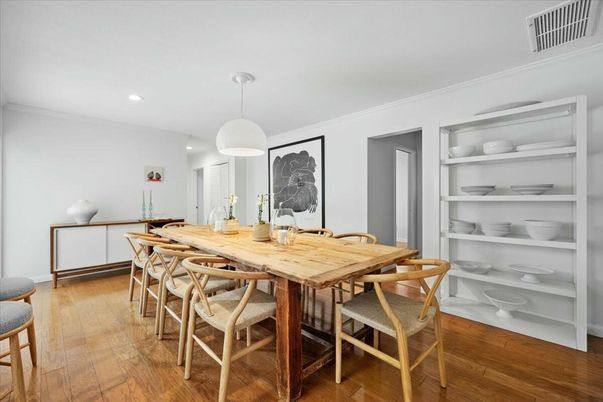Dining room, Interior, Pendant Lights, Recessed Lighting, Wood Texture Flooring