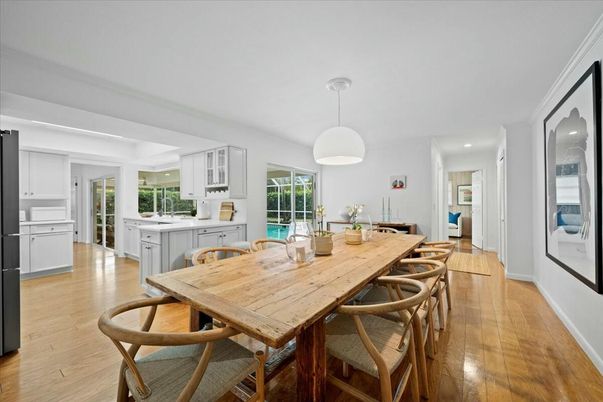 Dining room, Interior, Kitchen, Pendant Lights, Recessed Lighting, Wood Texture Flooring