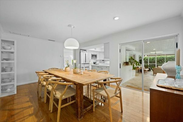 Dining room, Interior, Kitchen, Pendant Lights, Recessed Lighting, Wood Texture Flooring