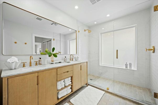 Bathroom, Dual Sink Vanities, Glass Shower, Interior, Recessed Lighting