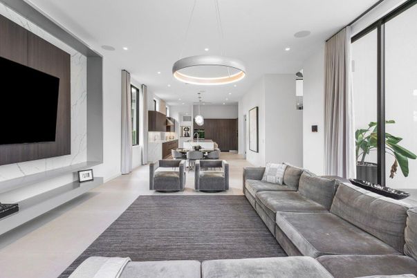 Dining room, Interior, Kitchen, Living room, Marble Walls, Pendant Lights, Recessed Lighting