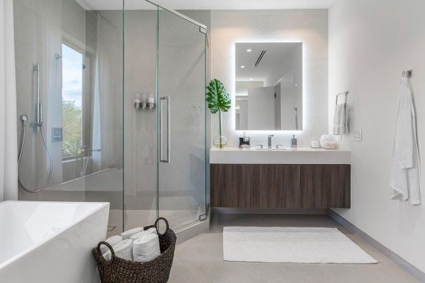 Bathroom, Glass Shower, Interior, Recessed Lighting