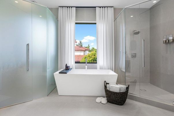 Bathroom, Free Standing Baths, Glass Shower, Interior, Recessed Lighting