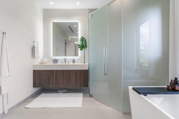 Bathroom, Glass Shower, Interior, Recessed Lighting