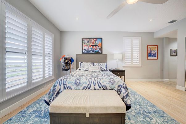 Bedroom, Interior, Recessed Lighting, Wood Texture Flooring