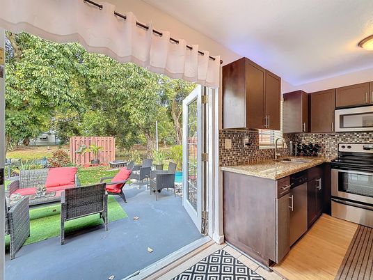 Exterior, Kitchen, Stainless Steel Appliances, Wood Texture Flooring