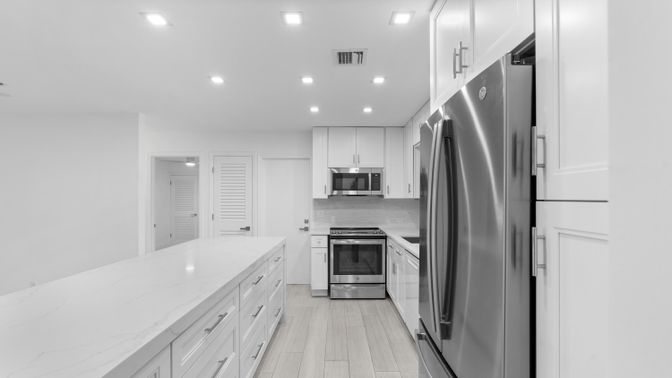 Interior, Kitchen, Recessed Lighting, Stainless Steel Appliances, Wood Texture Flooring