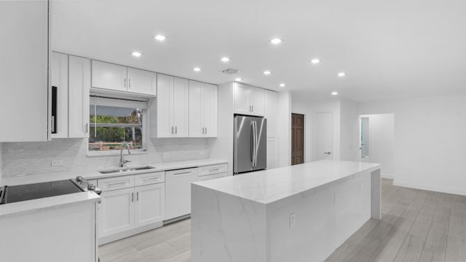 Interior, Kitchen, Recessed Lighting, Stainless Steel Appliances, Wood Texture Flooring