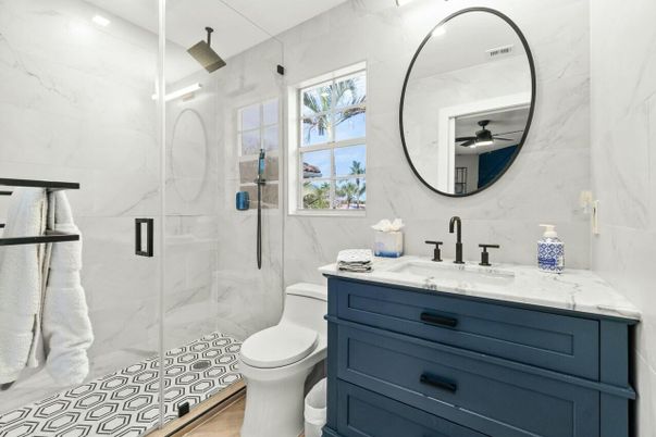 Bathroom, Glass Shower, Interior, Marble Walls, Recessed Lighting