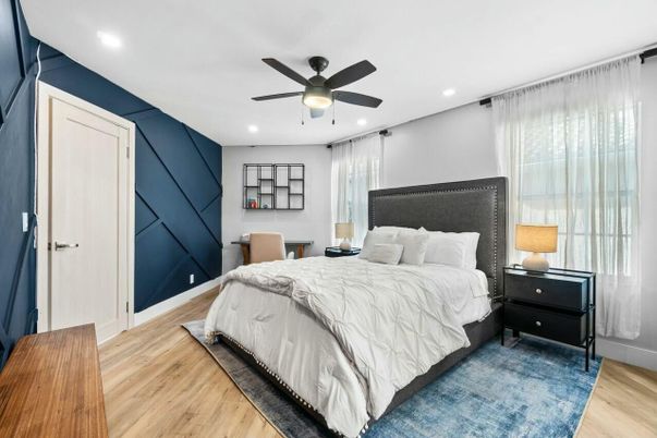 Bedroom, Interior, Recessed Lighting, Wood Texture Flooring