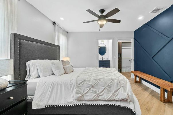 Bedroom, Interior, Recessed Lighting, Wood Texture Flooring