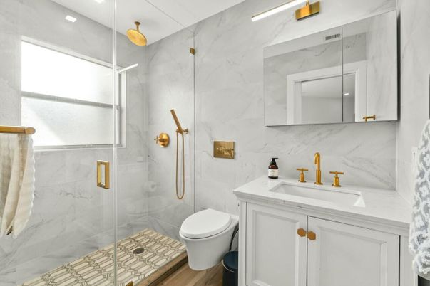 Bathroom, Glass Shower, Interior, Marble Walls, Recessed Lighting