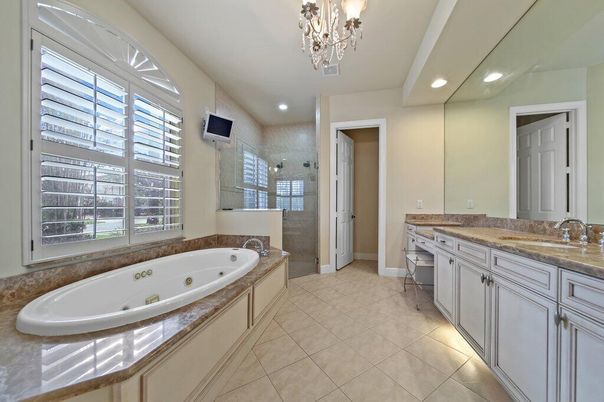 Bathroom, Chandelier, Dual Sink Vanities, Interior, Recessed Lighting