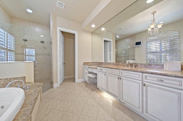 Bathroom, Chandelier, Dual Sink Vanities, Glass Shower, Interior, Recessed Lighting