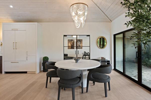 Chandelier, Dining room, Interior, Recessed Lighting, Wooden Ceilings, Wood Texture Flooring