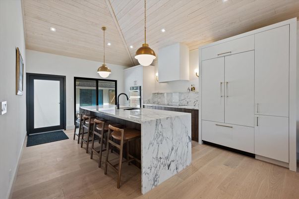 Interior, Kitchen, Marble Walls, Pendant Lights, Recessed Lighting, Wooden Ceilings, Wood Texture Flooring