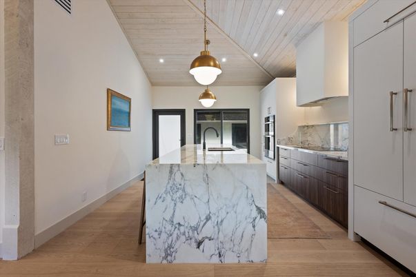 Interior, Kitchen, Pendant Lights, Recessed Lighting, Wooden Ceilings, Wood Texture Flooring