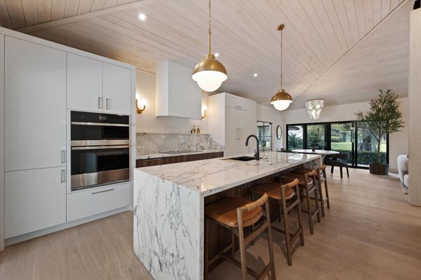 Interior, Kitchen, Marble Walls, Pendant Lights, Recessed Lighting, Stainless Steel Appliances, Wooden Ceilings, Wood Texture Flooring
