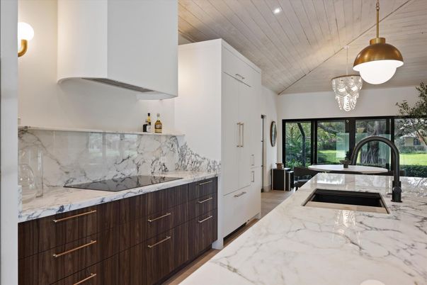 Interior, Kitchen, Marble, Marble Walls, Pendant Lights, Recessed Lighting, Wooden Ceilings