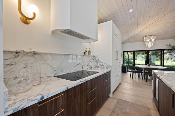 Dining room, Interior, Kitchen, Marble Walls, Pendant Lights, Wooden Ceilings, Wood Texture Flooring