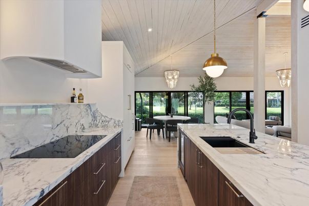 Dining room, Interior, Kitchen, Marble Walls, Pendant Lights, Wooden Ceilings, Wood Texture Flooring