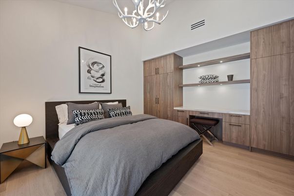 Bedroom, Chandelier, Interior, Wood Texture Flooring