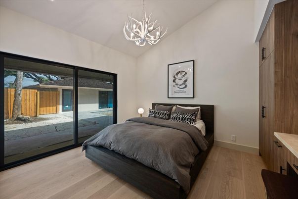 Bedroom, Interior, Pendant Lights, Wood Texture Flooring