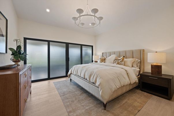 Bedroom, Interior, Pendant Lights, Recessed Lighting, Wood Texture Flooring