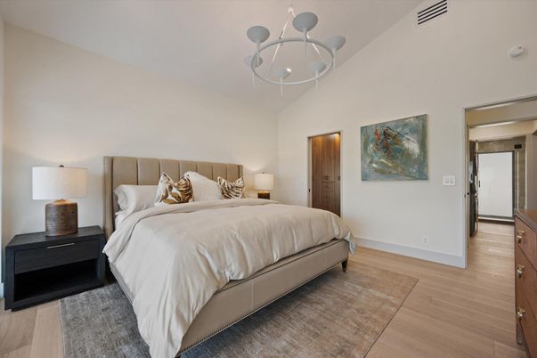 Bedroom, Chandelier, Interior, Wood Texture Flooring