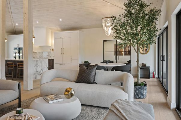 Dining room, Interior, Kitchen, Living room, Marble Walls, Pendant Lights, Recessed Lighting, Wooden Ceilings, Wood Texture Flooring