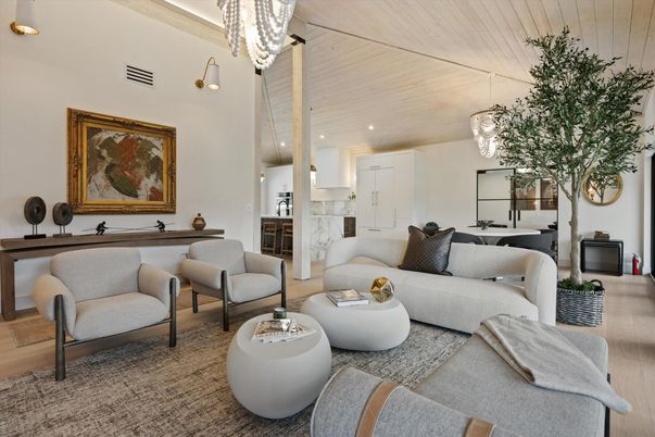 Interior, Living room, Pendant Lights, Recessed Lighting, Wood Texture Flooring