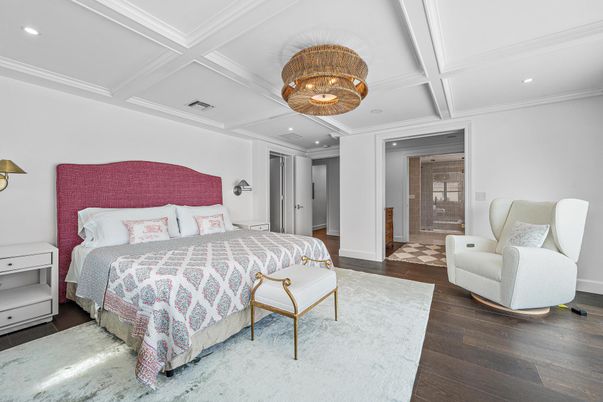 Bedroom, Chandelier, Interior, Recessed Lighting, Wood Texture Flooring