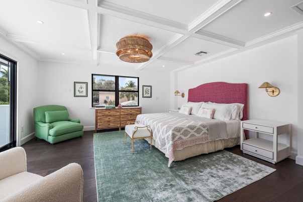 Bedroom, Chandelier, Interior, Recessed Lighting, Wood Texture Flooring