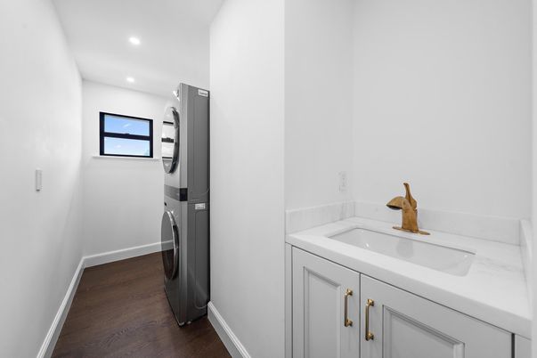 Bathroom, Interior, Recessed Lighting, Washer, Wood Texture Flooring