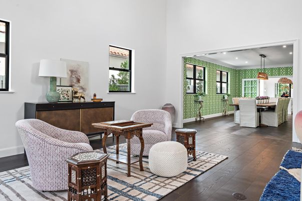 Dining room, Interior, Pendant Lights, Recessed Lighting, Wood Texture Flooring