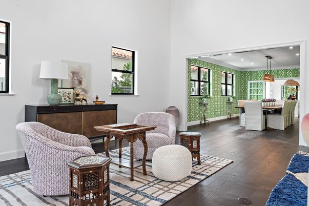Dining room, Interior, Pendant Lights, Recessed Lighting, Wood Texture Flooring