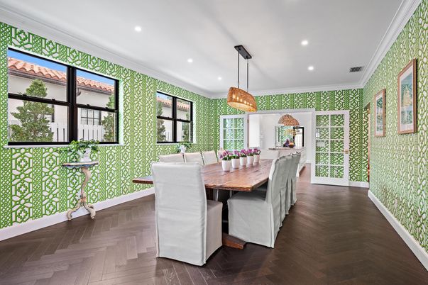 Dining room, Interior, Pendant Lights, Recessed Lighting, Wood Texture Flooring