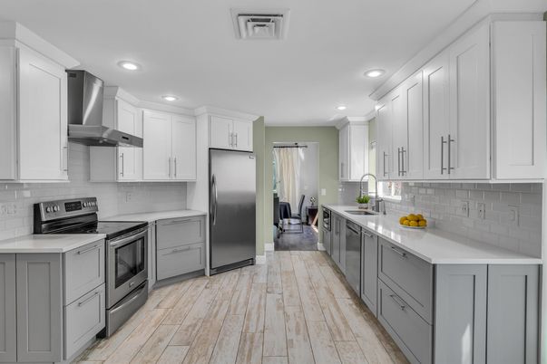 Interior, Kitchen, Recessed Lighting, Stainless Steel Appliances, Wood Texture Flooring
