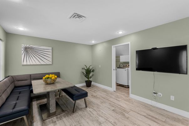 Dining room, Interior, Recessed Lighting, Wood Texture Flooring