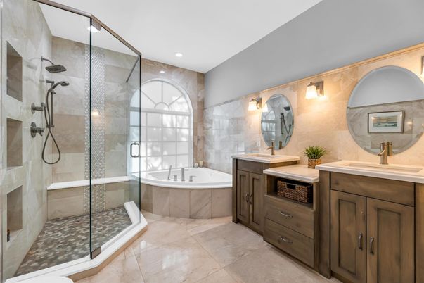 Bathroom, Dual Sink Vanities, Glass Shower, Interior, Recessed Lighting