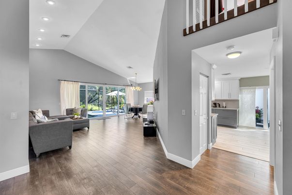 Interior, Kitchen, Living room, Pendant Lights, Recessed Lighting, Wood Texture Flooring