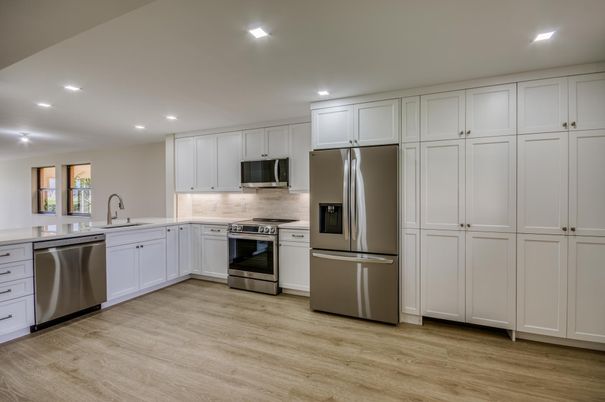 Interior, Kitchen, Recessed Lighting, Stainless Steel Appliances, Wood Texture Flooring