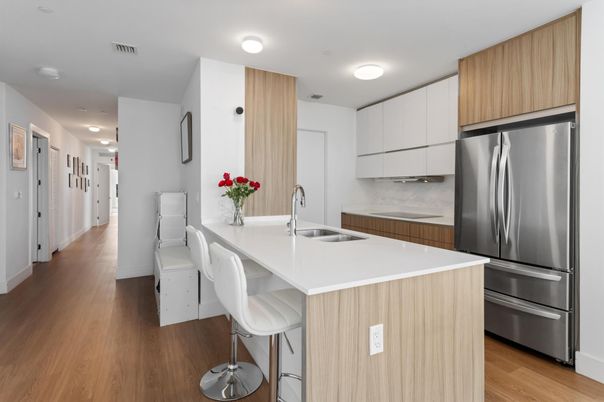 Interior, Kitchen, Recessed Lighting, Stainless Steel Appliances, Wood Texture Flooring