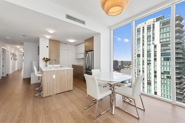 Dining room, Interior, Kitchen, Recessed Lighting, Stainless Steel Appliances, Wood Texture Flooring