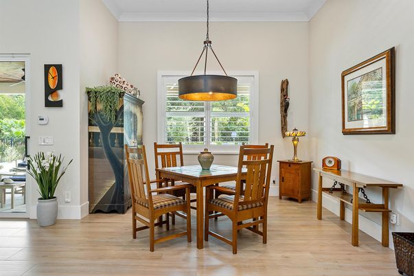 Dining room, Interior, Pendant Lights, Wood Texture Flooring