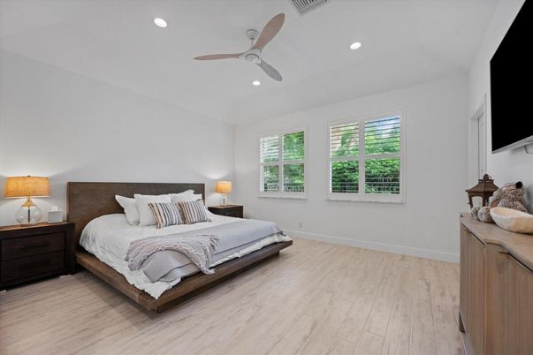 Bedroom, Interior, Recessed Lighting, Wood Texture Flooring
