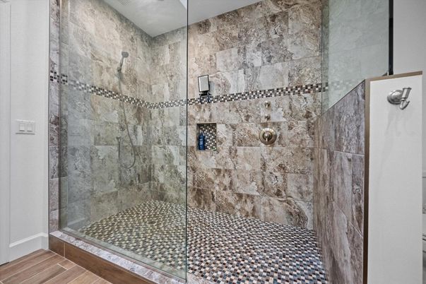 Bathroom, Glass Shower, Interior, Wood Texture Flooring