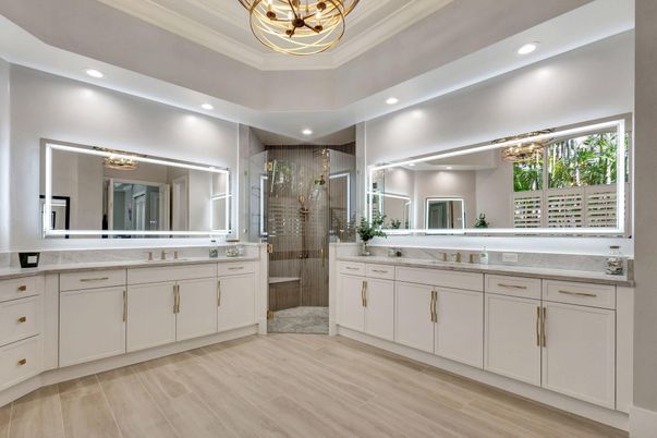 Bathroom, Chandelier, Dual Sink Vanities, Glass Shower, Interior, Recessed Lighting, Wood Texture Flooring