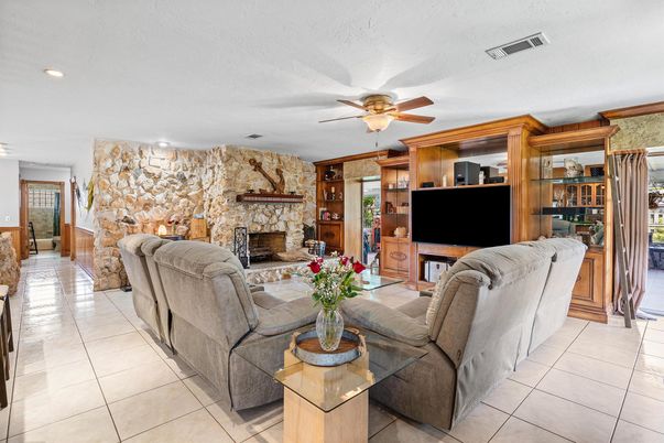 Fireplace, Interior, Living room, Recessed Lighting, Stone Walls