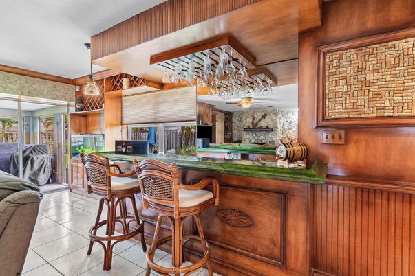 Interior, Kitchen, Pendant Lights, Stone Walls